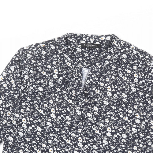 Cerulean Collection Womens Blue Floral Polyester Basic T-Shirt Size S V-Neck