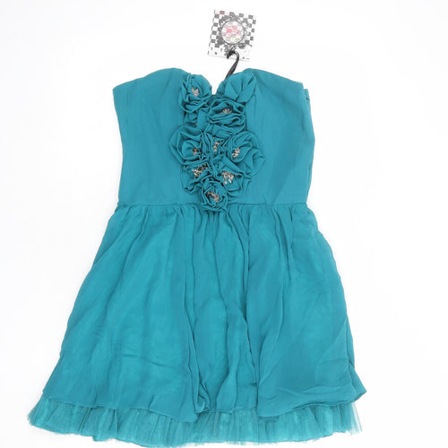 Frock and Frill Womens Blue Polyester Mini Size 10 Sweetheart Zip - 3D Flower Details Strapless