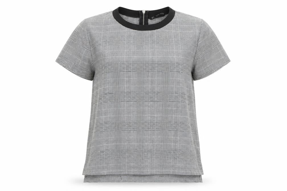 Front view of Zara women’s multicoloured check polyester basic t-shirt, size S, round neck