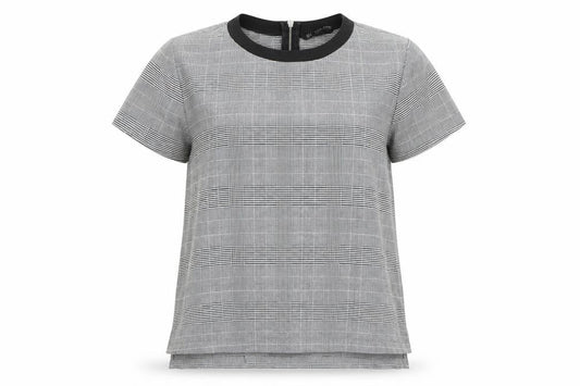 Front view of Zara women’s multicoloured check polyester basic t-shirt, size S, round neck
