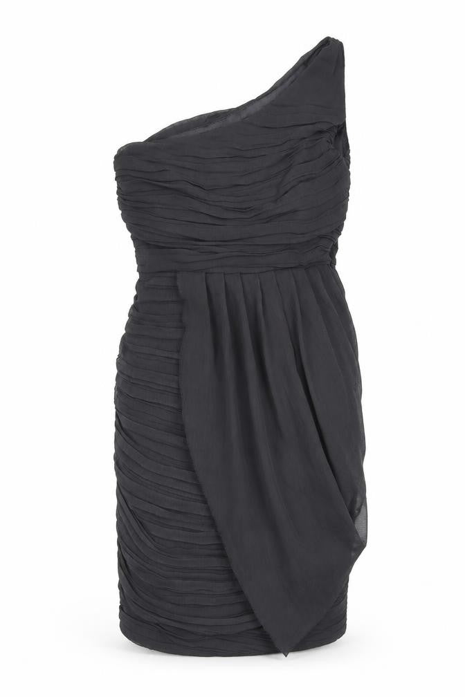Front view of Lipsy women’s grey polyester sheath, size UK 8, one shoulder zip - draped detail