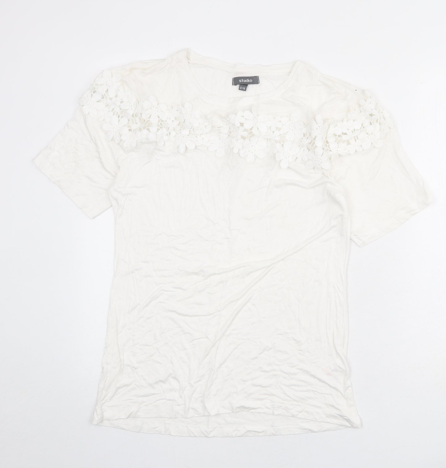 Studio Womens White Viscose Basic T-Shirt Size 12 Round Neck - Size 12/14