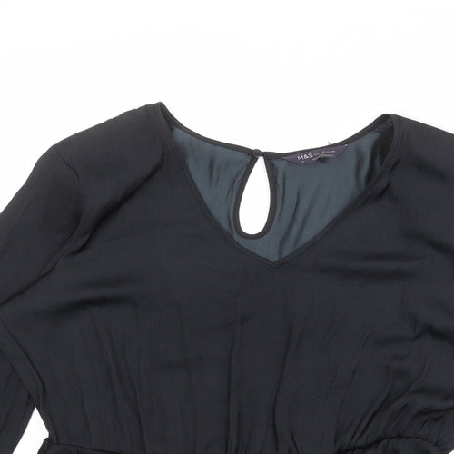 Marks and Spencer Womens Black Polyester Basic Blouse Size 14 V-Neck