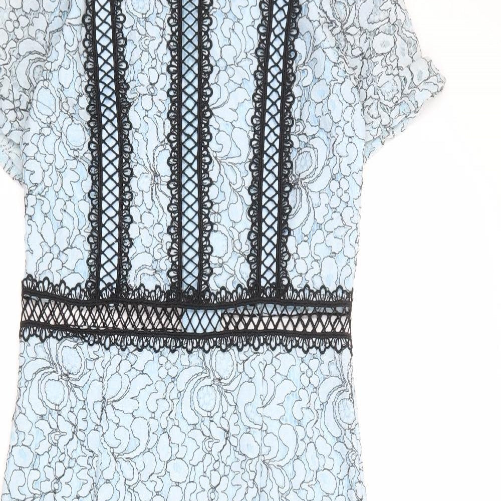 PRETTYLITTLETHING Womens Blue Floral Polyester A-Line Size 8 Round Neck Zip