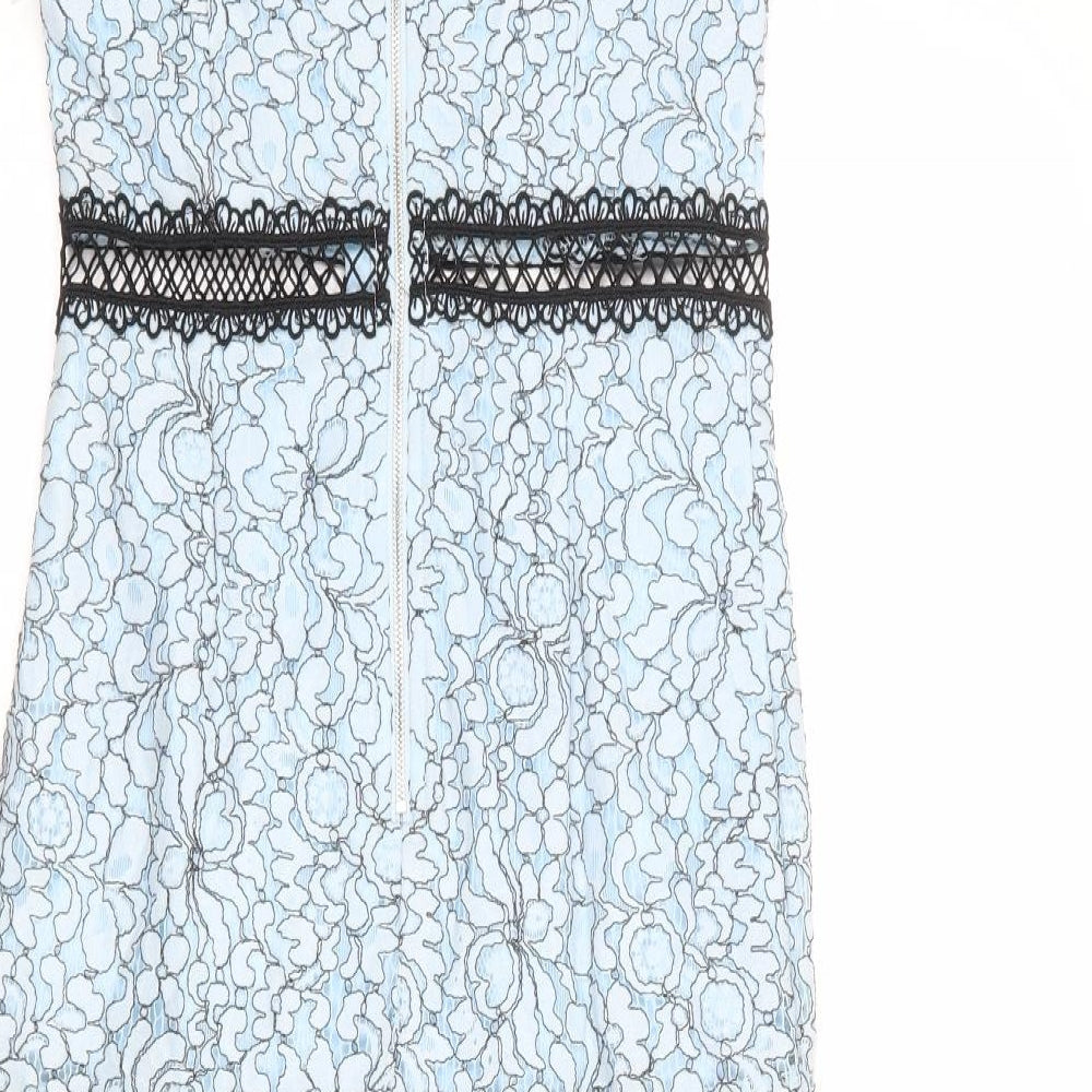 PRETTYLITTLETHING Womens Blue Floral Polyester A-Line Size 8 Round Neck Zip