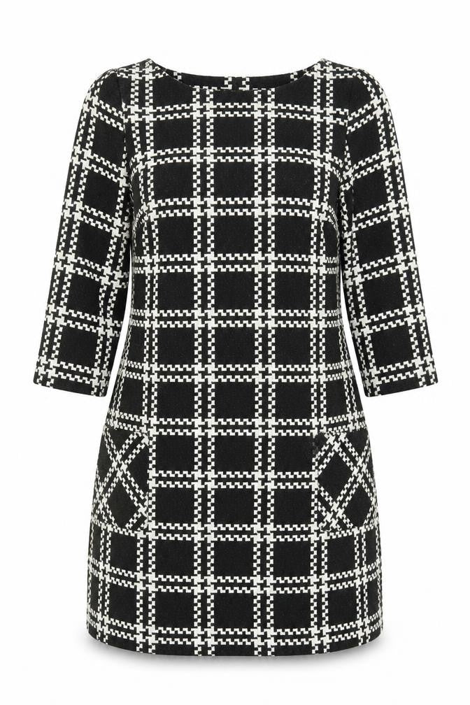 Front view of New Look women’s black geometric polyester shift, size UK 10, round neck pullover
