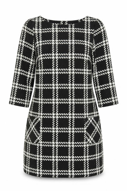 Front view of New Look women’s black geometric polyester shift, size UK 10, round neck pullover