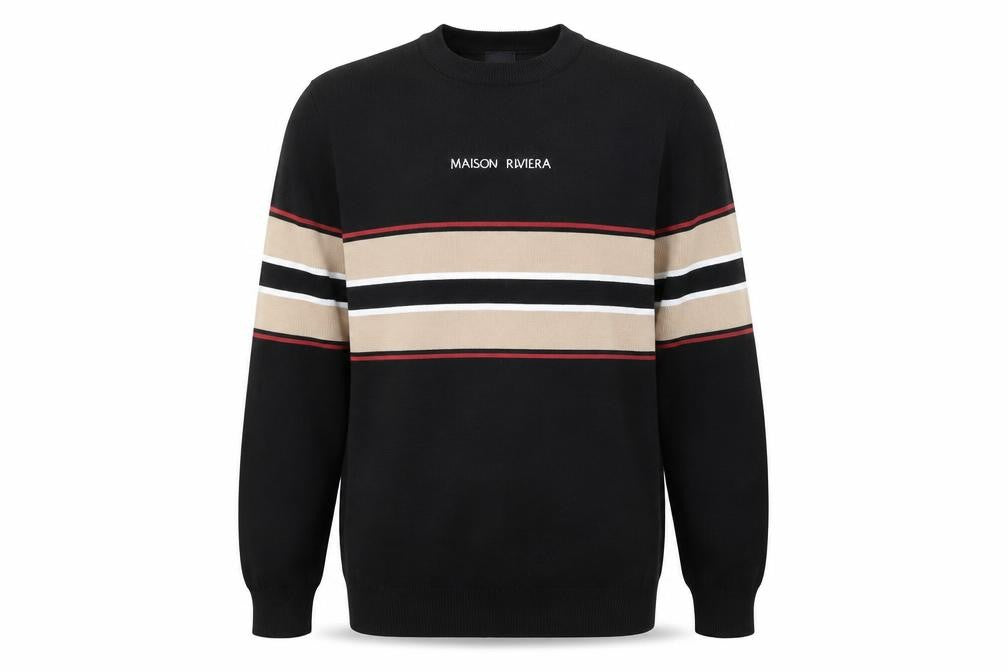 Front view of River Island men’s black round neck polyester jumper, size S, long sleeve