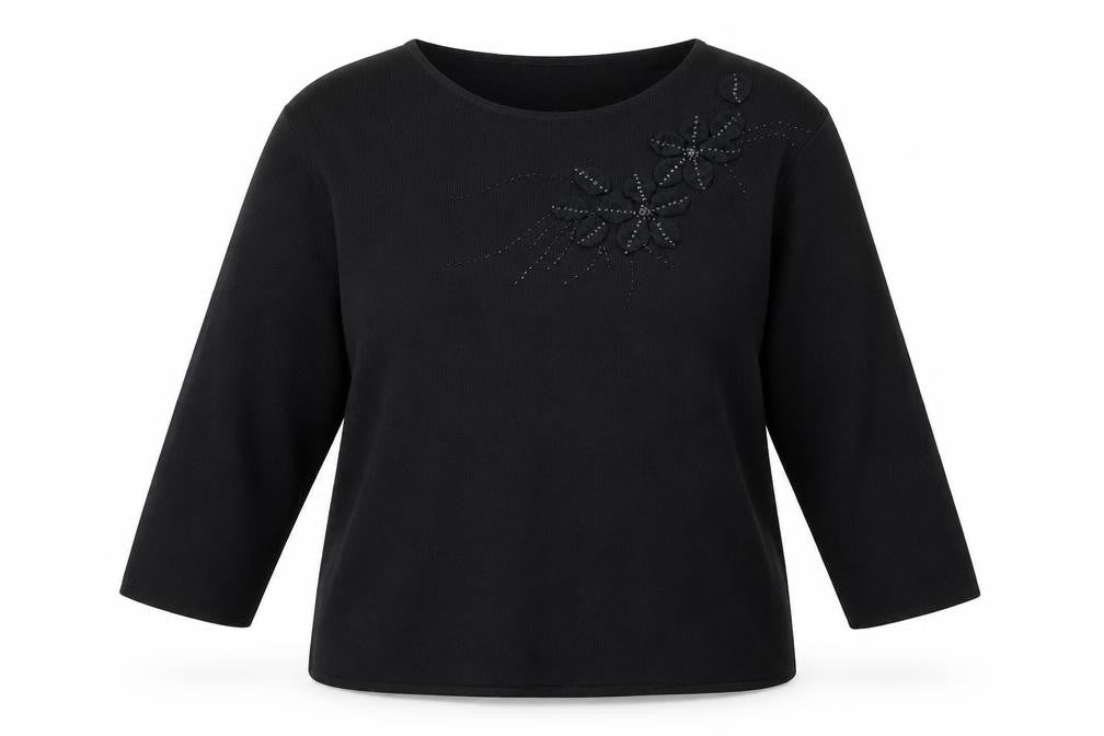 Front view of After Dark women’s black round neck viscose jumper, size XL, pullover - flower sequin