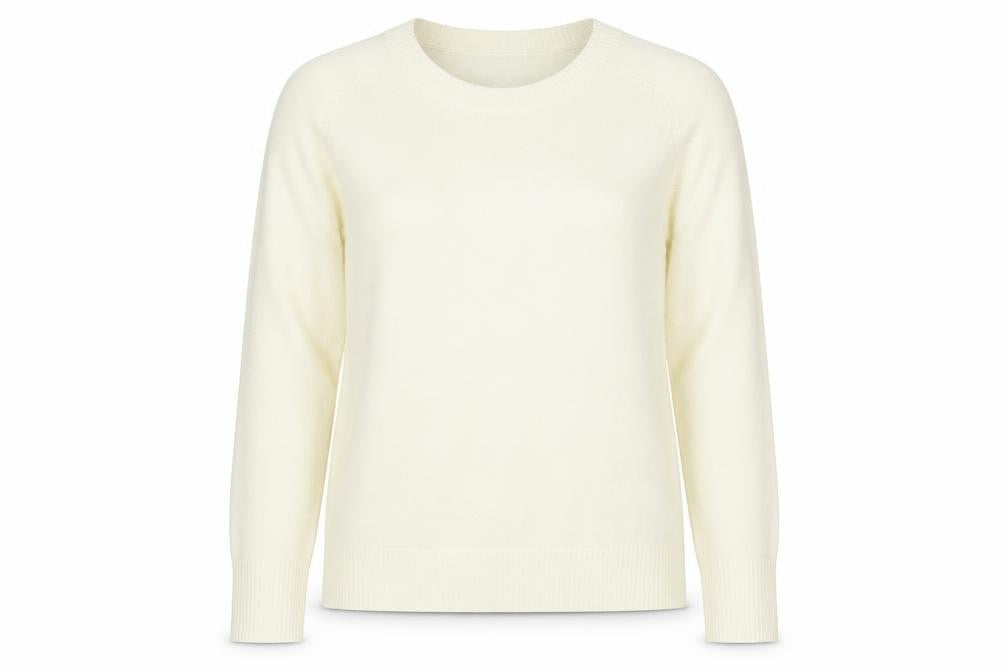 Front view of Marks & Spencer women’s ivory round neck acrylic jumper, size UK 12