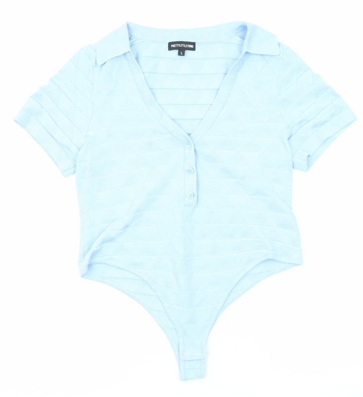 PRETTYLITTLETHING Womens Blue Viscose Bodysuit One-Piece Size L Snap