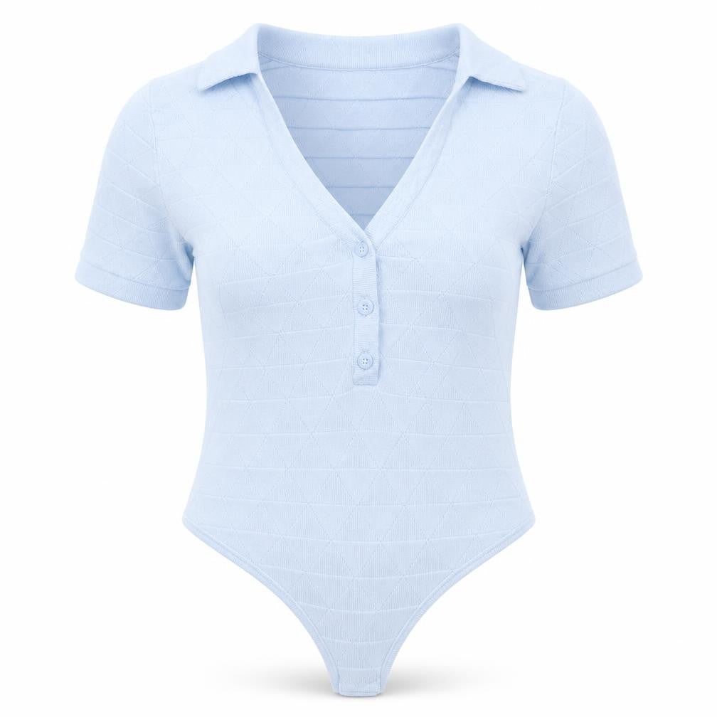 Front view of PRETTYLITTLETHING women’s blue viscose bodysuit one-piece, size L, snap