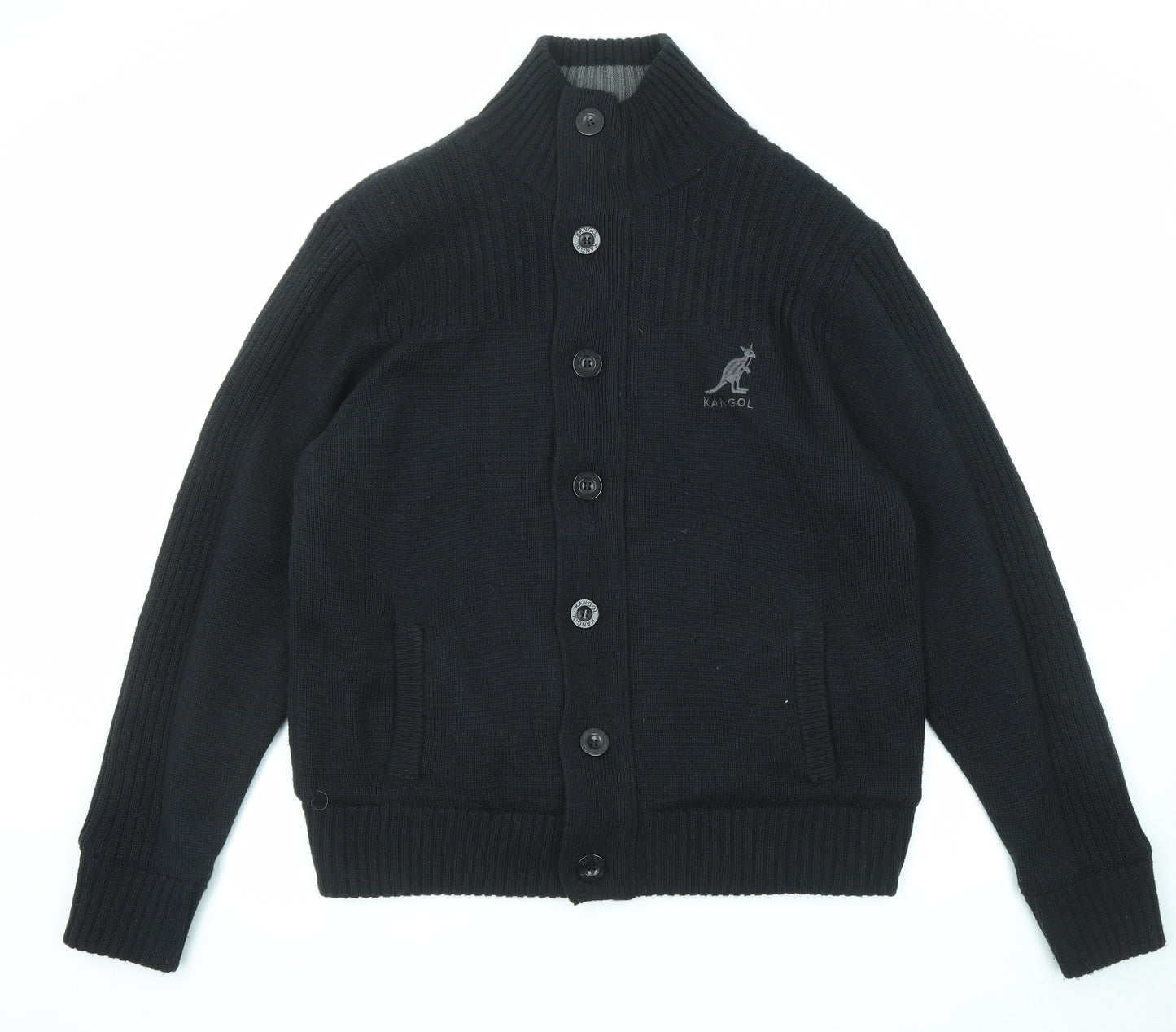 Kangol Mens Black High Neck Acrylic Cardigan Jumper Size L Long Sleeve