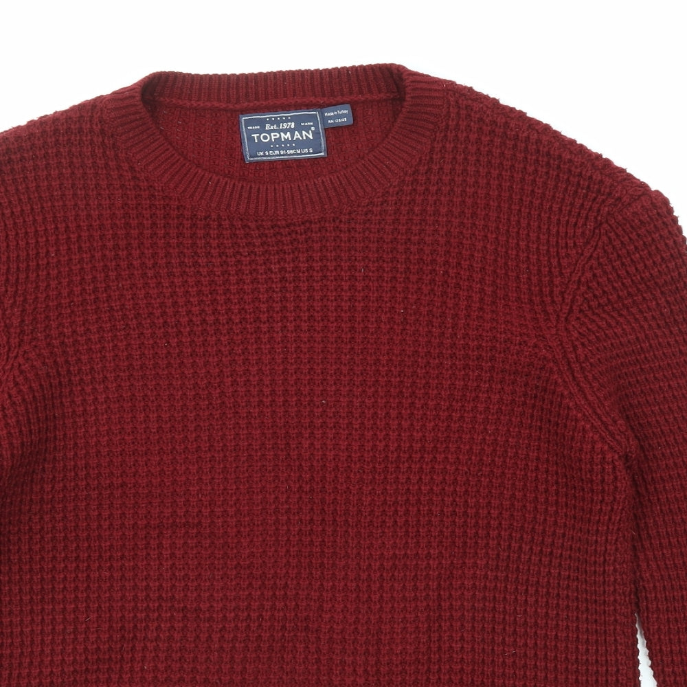 Topman Mens Red Round Neck Acrylic Pullover Jumper Size S Long Sleeve