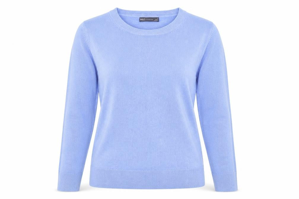 Front view of Marks & Spencer women’s purple round neck acrylic jumper, size UK 6