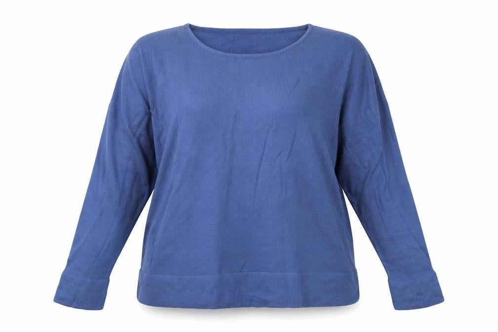 Front view of Damart women’s blue round neck acrylic jumper, size UK 14, -, size UK 14-16