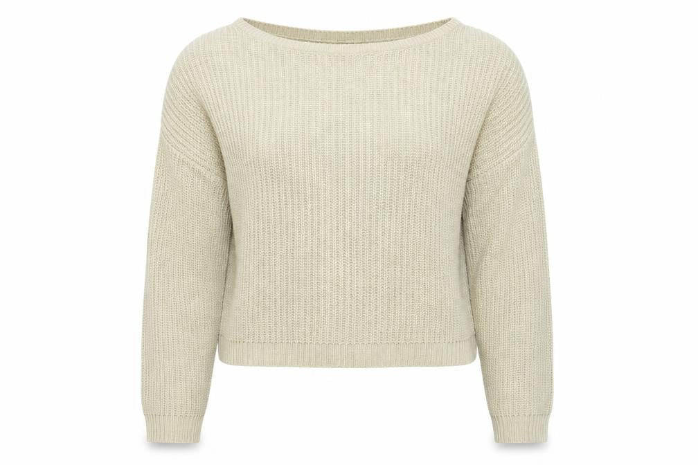 Front view of Missguided women’s beige boat neck acrylic jumper, size UK 22