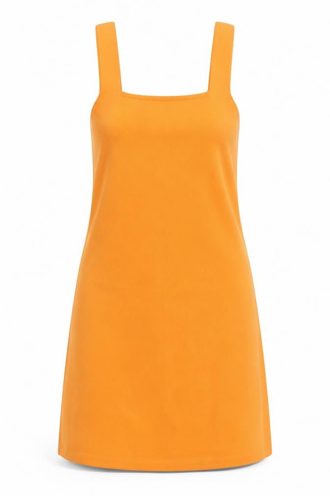 Front view of Zara women’s orange polyester pinafore/dungaree dress, size S, square neck pullover
