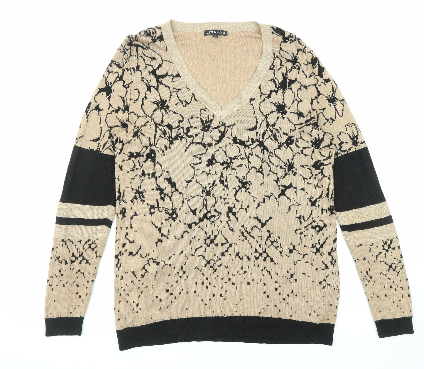 Leo & Ugo Womens Beige V-Neck Floral Viscose Pullover Jumper Size L
