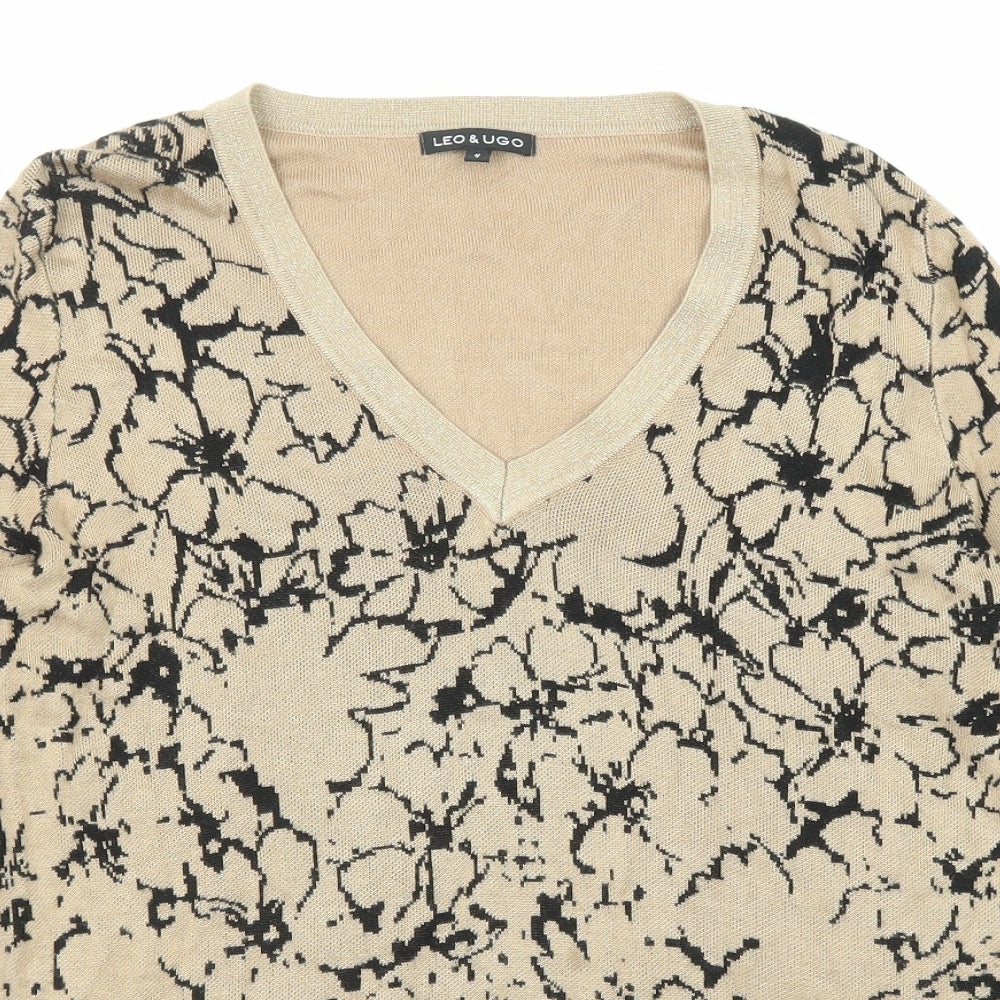 Leo & Ugo Womens Beige V-Neck Floral Viscose Pullover Jumper Size L