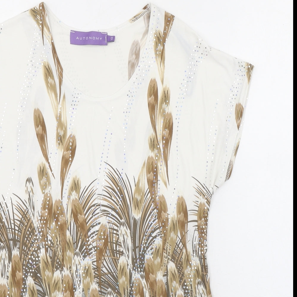 Autonomy Womens Beige Geometric Polyester Basic T-Shirt Size 10 Round Neck