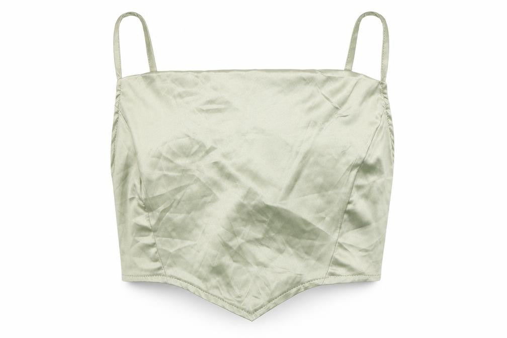 Front view of PRETTYLITTLETHING women’s green polyester cropped tank, size UK 4, square neck