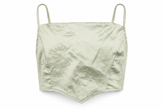 Front view of PRETTYLITTLETHING women’s green polyester cropped tank, size UK 4, square neck