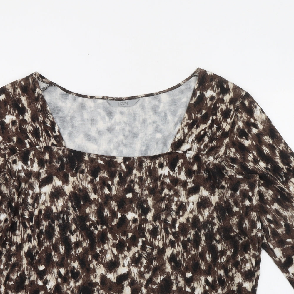 Marks and Spencer Womens Brown Geometric Viscose Basic T-Shirt Size 18 Square Neck