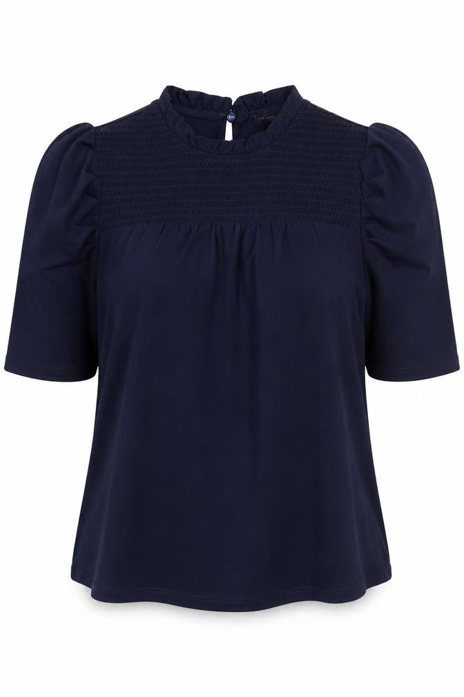Front view of Adrianna Papell women’s blue polyester basic blouse, size S, round neck