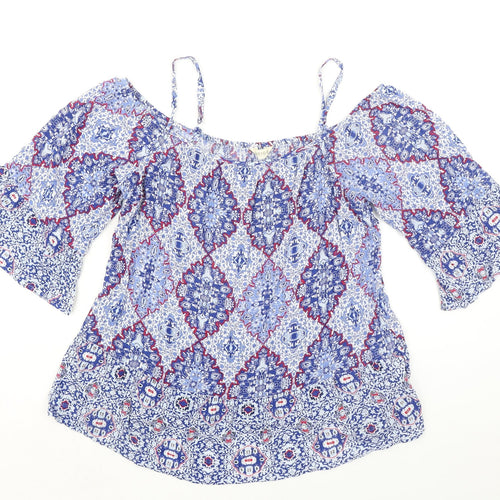 Indigo Womens Blue Geometric Viscose Basic Blouse Size 16 Boat Neck - Cold Shoulder
