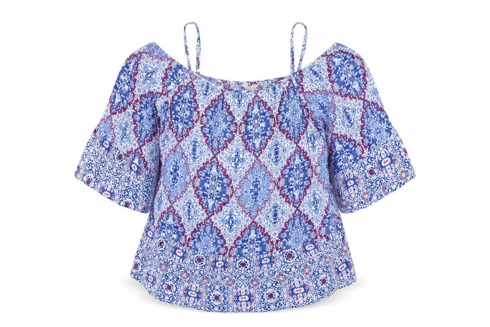 Front view of Indigo women’s blue geometric viscose basic blouse, size UK 16, boat neck - cold shoulder