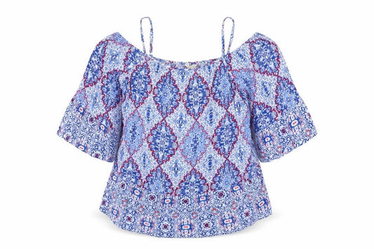 Front view of Indigo women’s blue geometric viscose basic blouse, size UK 16, boat neck - cold shoulder