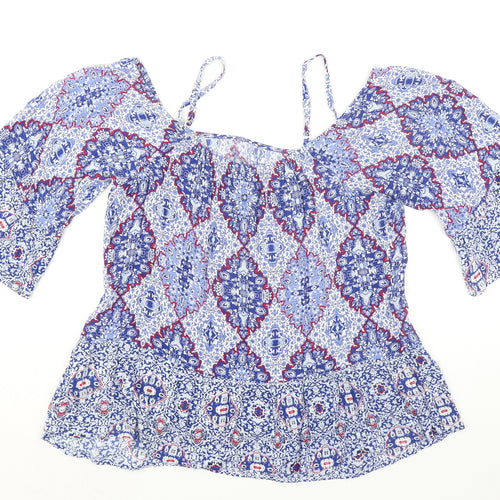 Indigo Womens Blue Geometric Viscose Basic Blouse Size 16 Boat Neck - Cold Shoulder