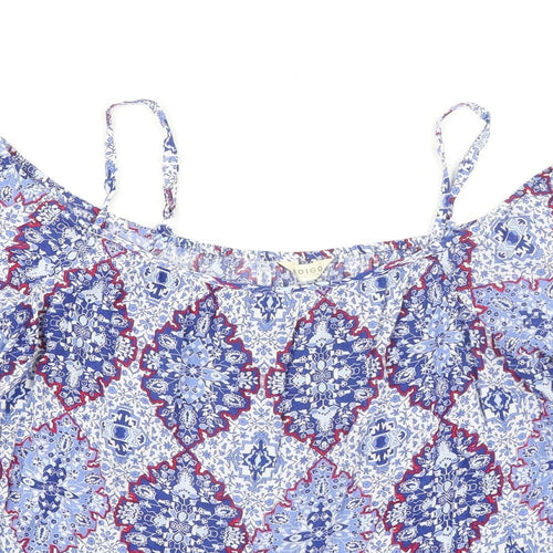 Indigo Womens Blue Geometric Viscose Basic Blouse Size 16 Boat Neck - Cold Shoulder