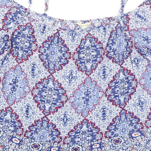 Indigo Womens Blue Geometric Viscose Basic Blouse Size 16 Boat Neck - Cold Shoulder