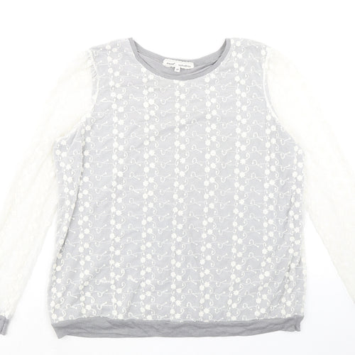 NEXT Womens Grey Floral Cotton Basic Blouse Size 20 Round Neck - Mesh Overlay
