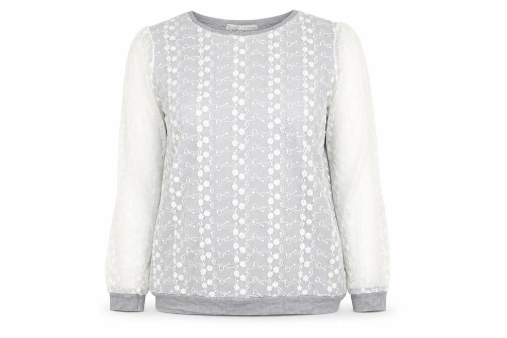 Front view of Next women’s grey floral cotton basic blouse, size UK 20, round neck - mesh overlay
