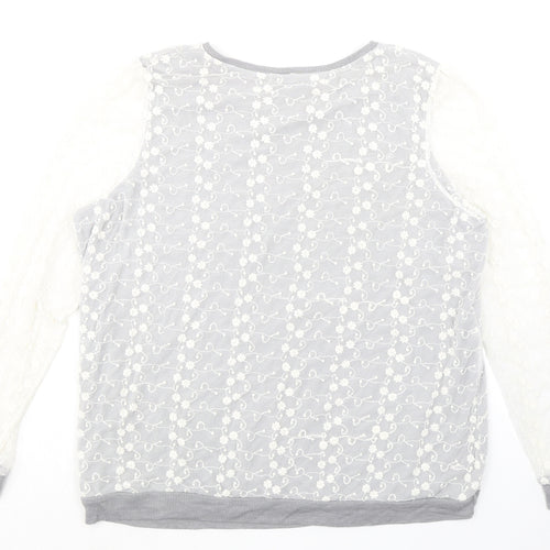 NEXT Womens Grey Floral Cotton Basic Blouse Size 20 Round Neck - Mesh Overlay