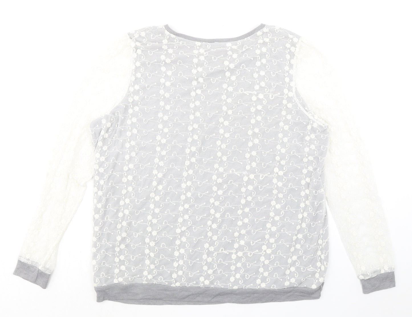 NEXT Womens Grey Floral Cotton Basic Blouse Size 20 Round Neck - Mesh Overlay