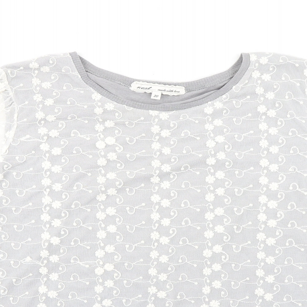 NEXT Womens Grey Floral Cotton Basic Blouse Size 20 Round Neck - Mesh Overlay