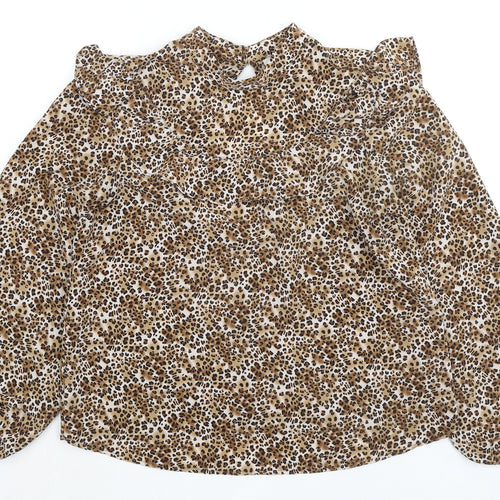 Topshop Womens Brown Animal Print Polyester Basic Blouse Size 10 Mock Neck - Cheetah Print