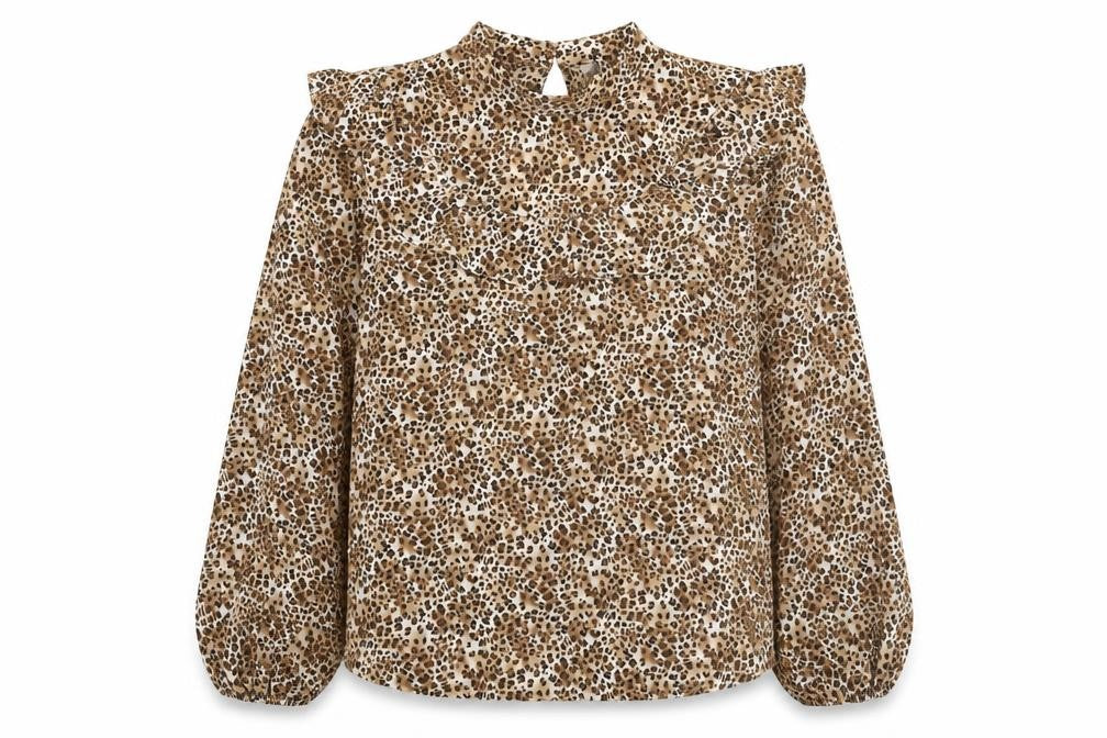 Front view of Topshop women’s brown animal print polyester basic blouse, size UK 10, mock neck - cheetah print