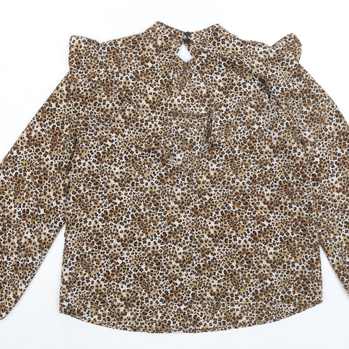 Topshop Womens Brown Animal Print Polyester Basic Blouse Size 10 Mock Neck - Cheetah Print