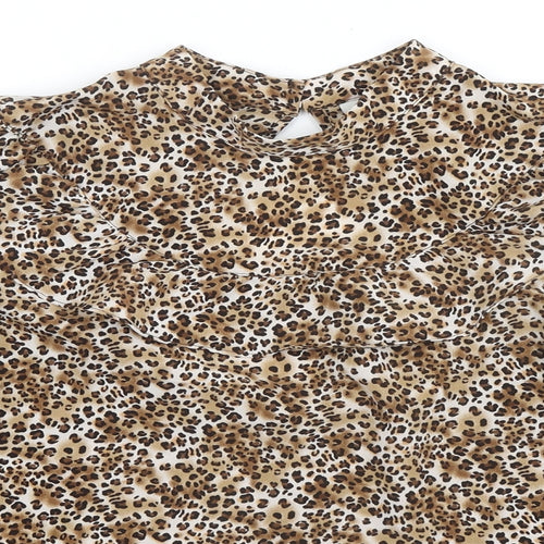 Topshop Womens Brown Animal Print Polyester Basic Blouse Size 10 Mock Neck - Cheetah Print