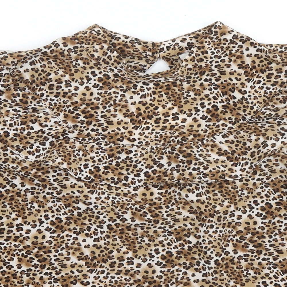 Topshop Womens Brown Animal Print Polyester Basic Blouse Size 10 Mock Neck - Cheetah Print