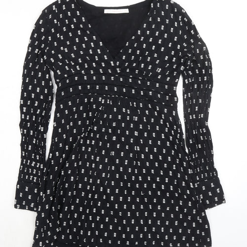 Zara Womens Black Geometric 100% Cotton A-Line Size XS V-Neck