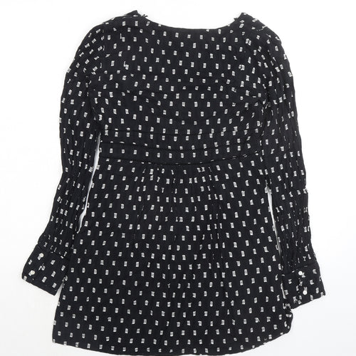 Zara Womens Black Geometric 100% Cotton A-Line Size XS V-Neck