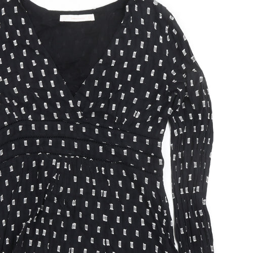 Zara Womens Black Geometric 100% Cotton A-Line Size XS V-Neck