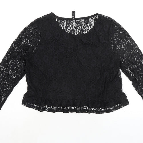 Divided by H&M Womens Black Floral Polyamide Basic Blouse Size L Round Neck