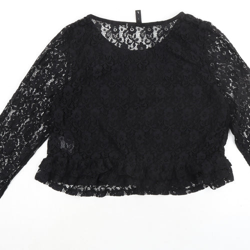 Divided by H&M Womens Black Floral Polyamide Basic Blouse Size L Round Neck
